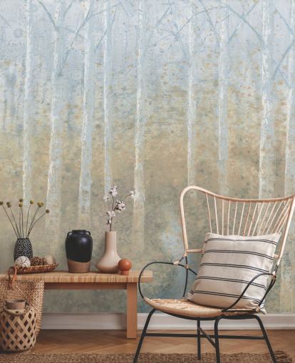 neutral and beige birch tree wallpaper