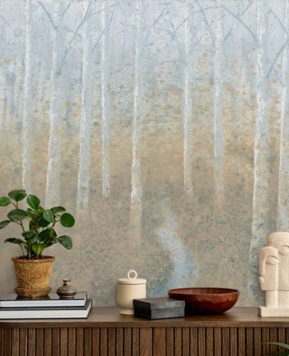 neutral and beige birch tree wallpaper