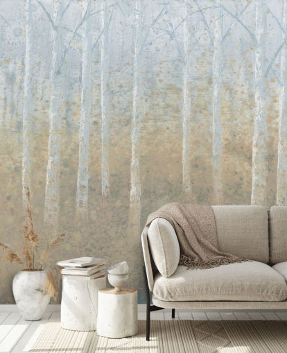 neutral and beige birch tree wallpaper