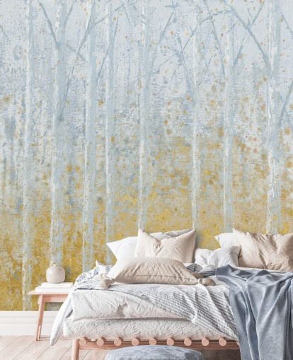 gold and pastel grey birch tree wallpaper