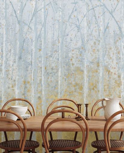 gold and pastel grey birch tree wallpaper