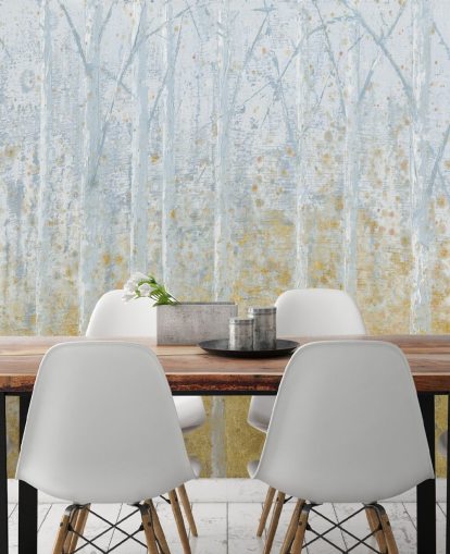 gold and pastel grey birch tree wallpaper
