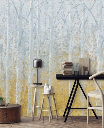 gold and pastel grey birch tree wallpaper