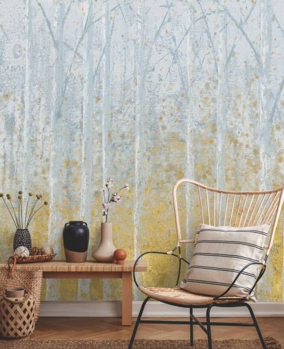 gold and pastel grey birch tree wallpaper
