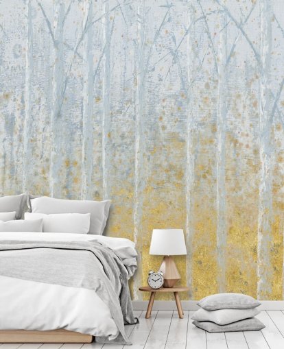 gold and pastel grey birch tree wallpaper