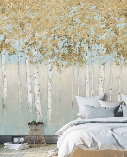 björkträd med gyllene blad och ljusrosa himmel tapeter