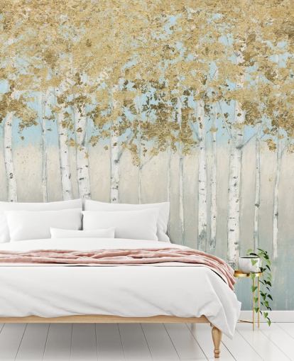 Papel pintado de abedules con hojas doradas y cielos rosa claro Papel pintado de abedules con hojas doradas y cielos rosa claro