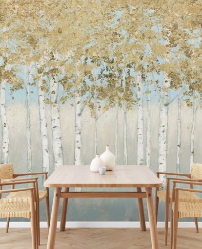 birch trees with golden leaves and light pink skies wallpaper