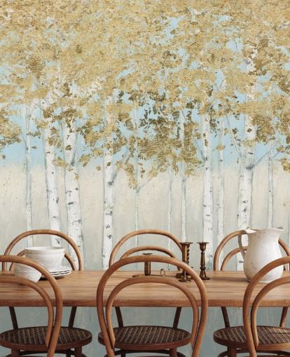 Papel pintado de abedules con hojas doradas y cielos rosa claro