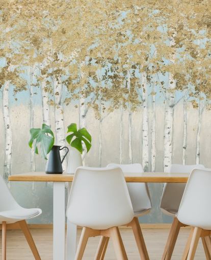 papier peint bouleaux aux feuilles dorées et ciel rose clair