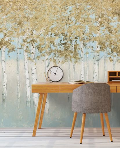 birch trees with golden leaves and light pink skies wallpaper