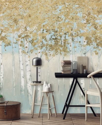 Papel pintado de abedules con hojas doradas y cielos rosa claro