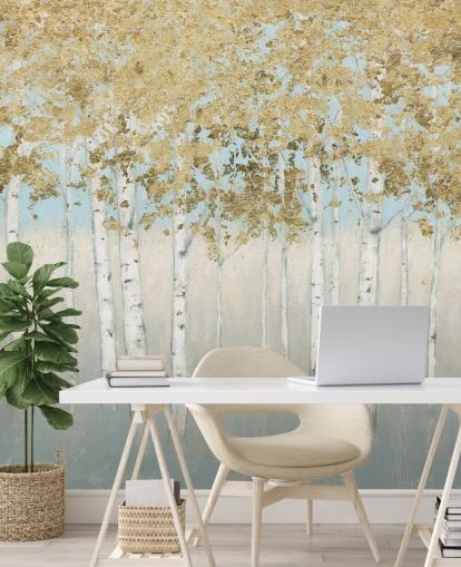 birch trees with golden leaves and light pink skies wallpaper