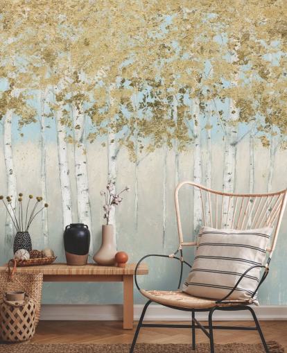 birch trees with golden leaves and light pink skies wallpaper