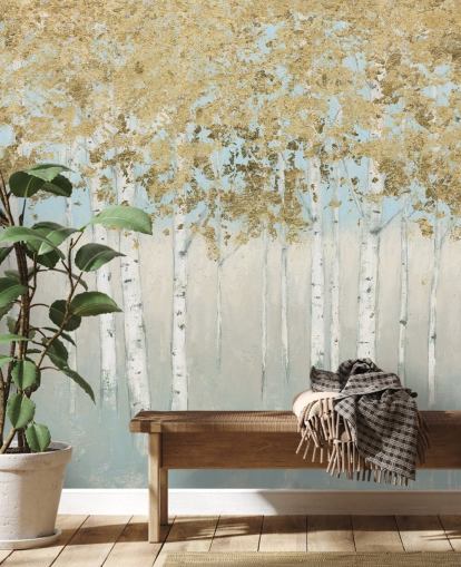 Papel pintado de abedules con hojas doradas y cielos rosa claro Papel pintado de abedules con hojas doradas y cielos rosa claro