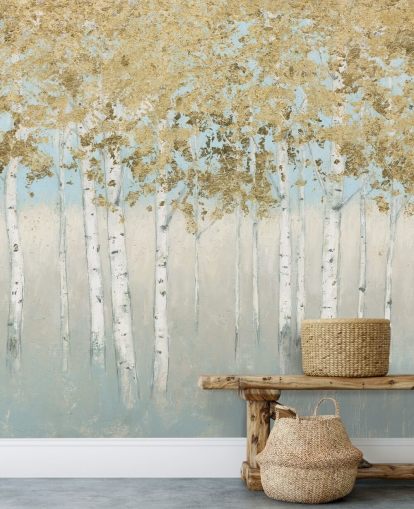 birch trees with golden leaves and light pink skies wallpaper