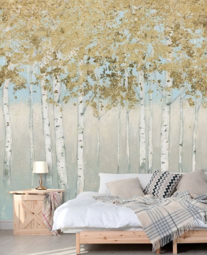 papier peint bouleaux aux feuilles dorées et ciel rose clair