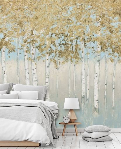 birch trees with golden leaves and light pink skies wallpaper