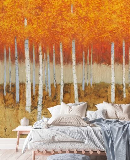 orange leaves and birch trees wallpaper