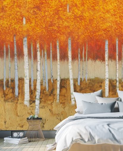 oranje bladeren en berkenbomen behang