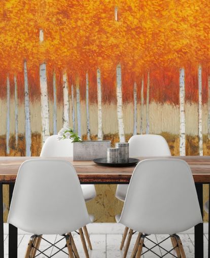 orange leaves and birch trees wallpaper