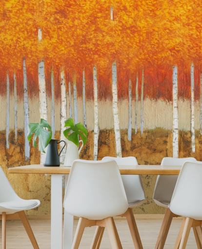 orange leaves and birch trees wallpaper