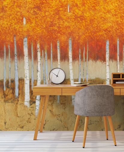 orange leaves and birch trees wallpaper
