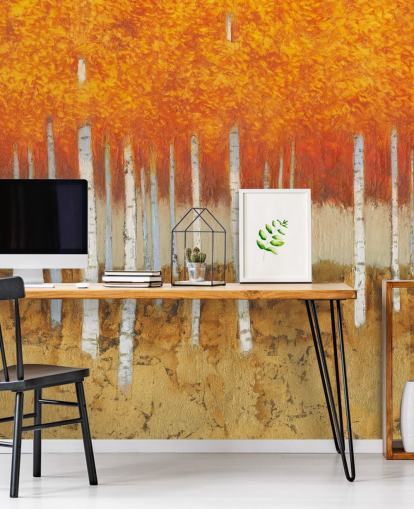 oranje bladeren en berkenbomen behang oranje bladeren en berkenbomen behang
