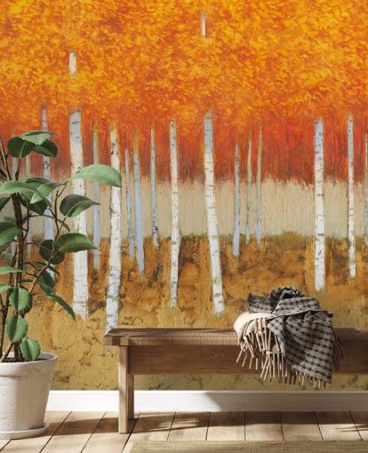 orange leaves and birch trees wallpaper