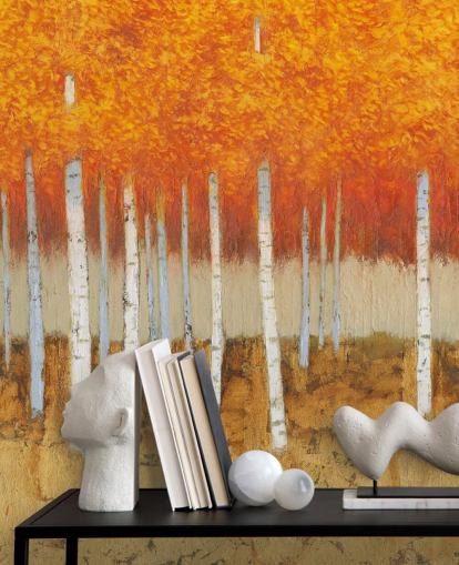 orange leaves and birch trees wallpaper