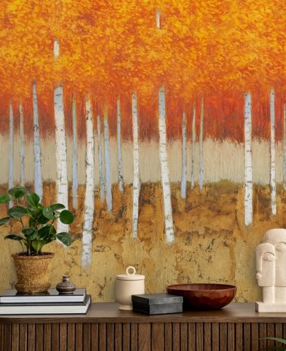 oranje bladeren en berkenbomen behang oranje bladeren en berkenbomen behang