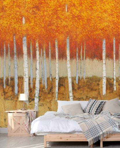 orange leaves and birch trees wallpaper