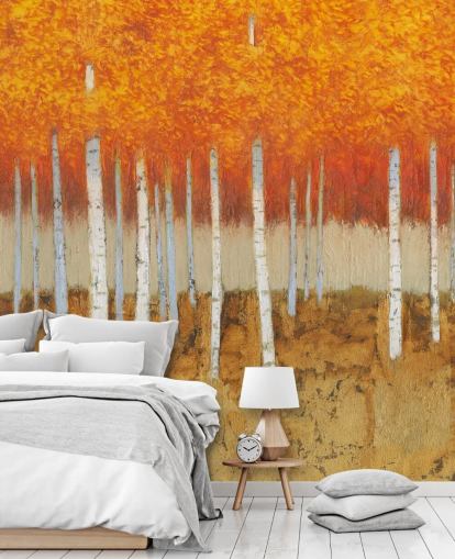 orange leaves and birch trees wallpaper