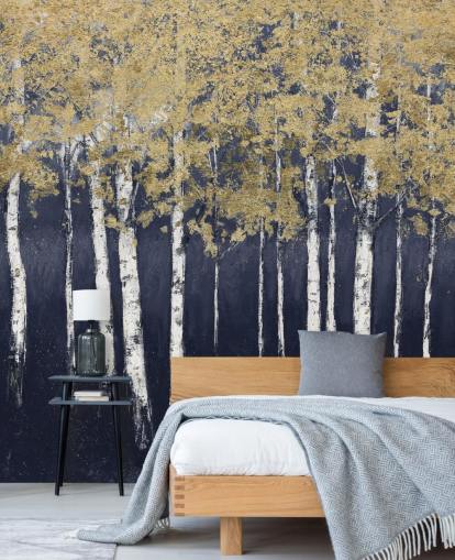 papel de parede de bétula em tons de azul escuro e dourado