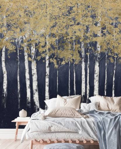 dark blue and gold toned birch wallpaper