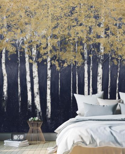 papel pintado de abedul en tonos azul oscuro y dorado