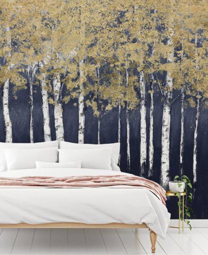 dark blue and gold toned birch wallpaper