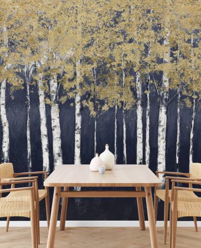 dark blue and gold toned birch wallpaper