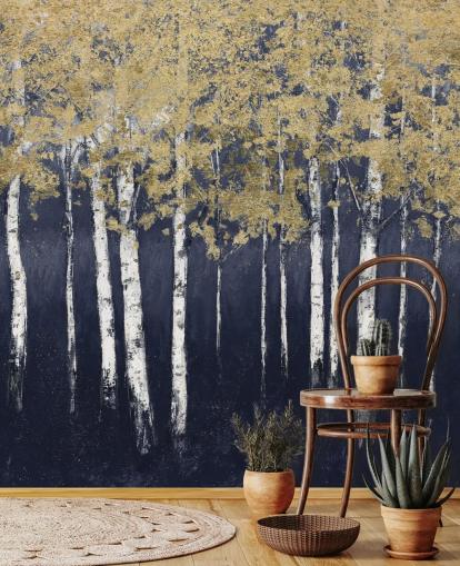 dark blue and gold toned birch wallpaper