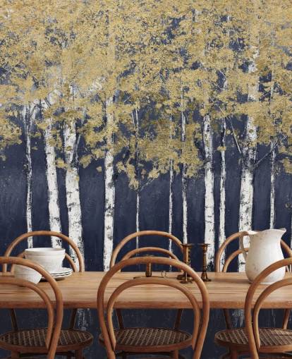 dark blue and gold toned birch wallpaper