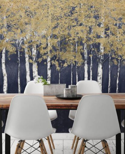 papel pintado de abedul en tonos azul oscuro y dorado papel pintado de abedul en tonos azul oscuro y dorado