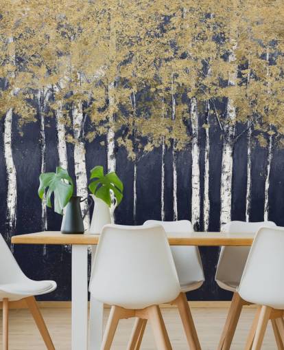 papel pintado de abedul en tonos azul oscuro y dorado