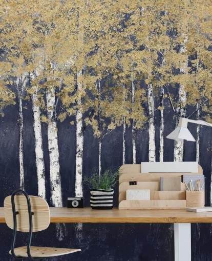 dark blue and gold toned birch wallpaper