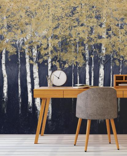 dark blue and gold toned birch wallpaper