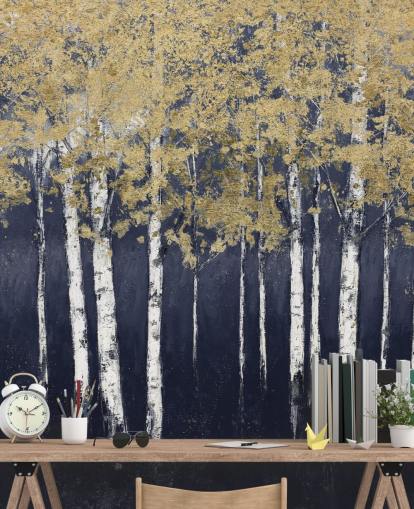 papel de parede de bétula em tons de azul escuro e dourado