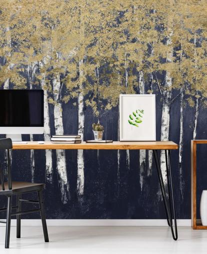 papel de parede de bétula em tons de azul escuro e dourado papel de parede de bétula em tons de azul escuro e dourado