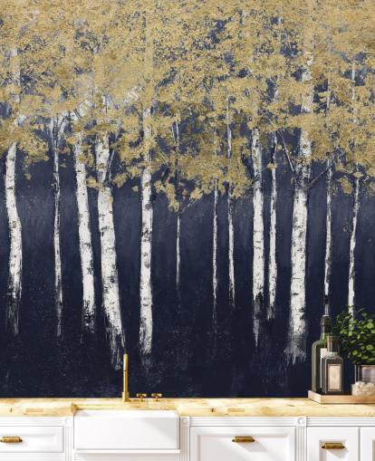carta da parati in betulla dai toni blu scuro e oro
