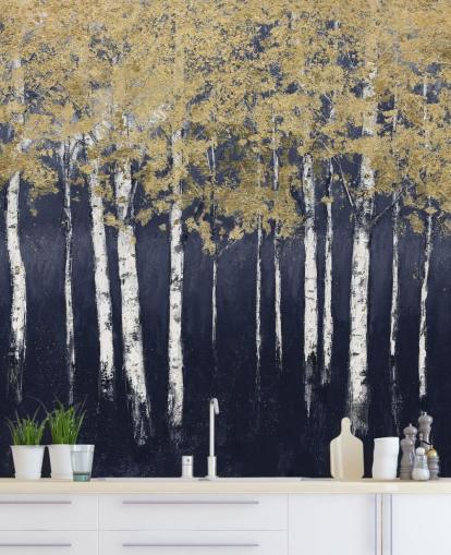 donkerblauw en goudkleurig berkenbehang