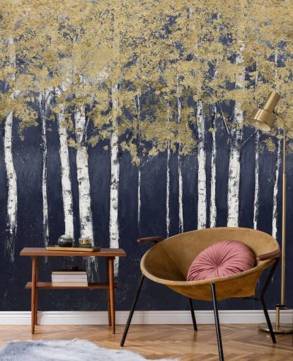 papel pintado de abedul en tonos azul oscuro y dorado