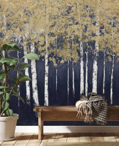 dark blue and gold toned birch wallpaper